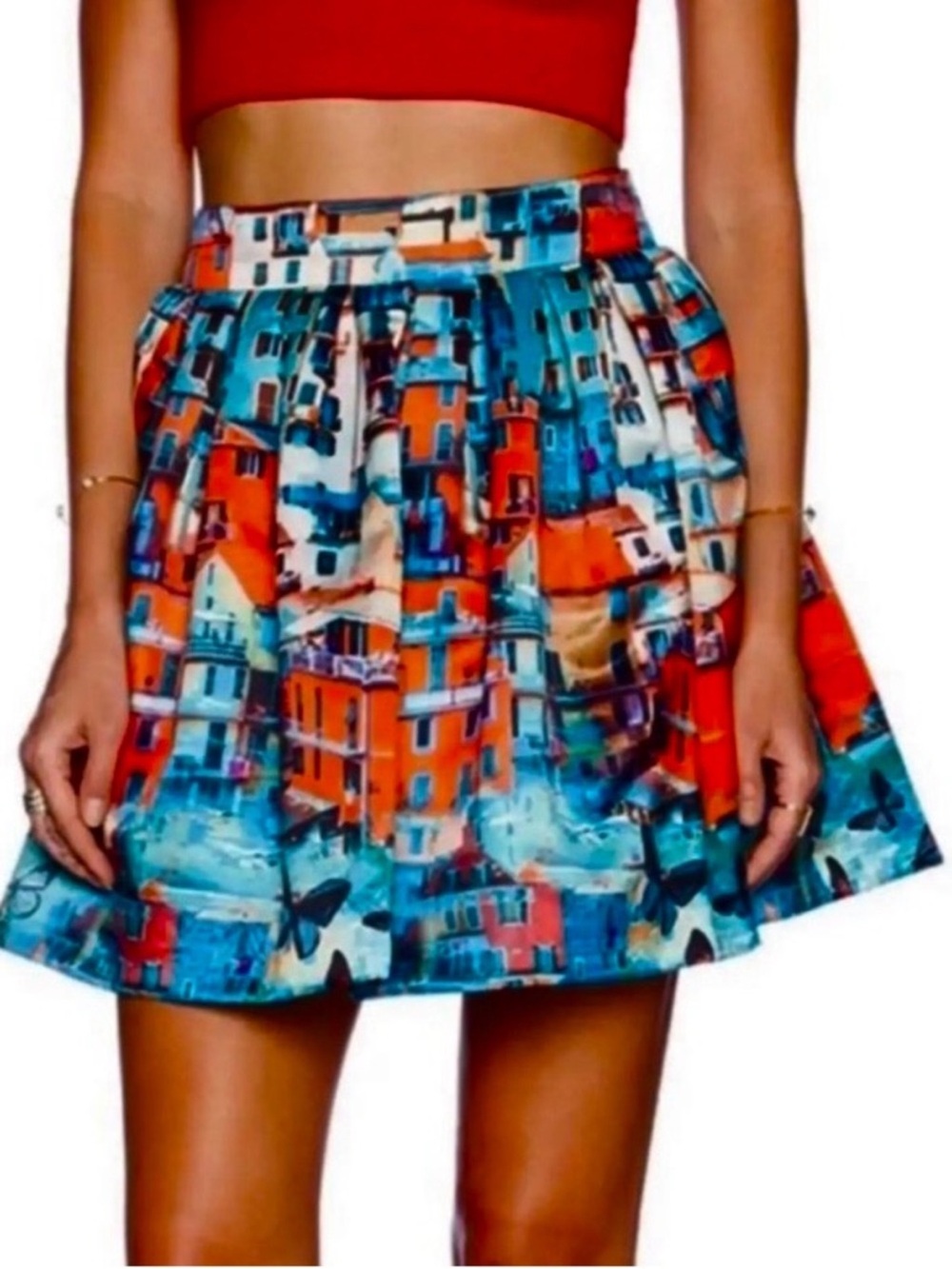 EUC Alice + Olivia Stora Box Pleat Skirt Butterfly Cityscape Size 0